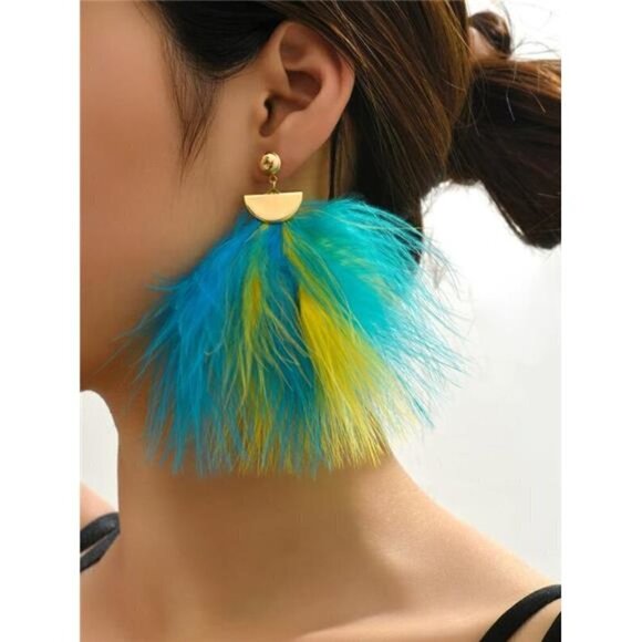 Tickled In Blue and Yellow Women’s Feather Drop Earrings - Picture 7 of 9